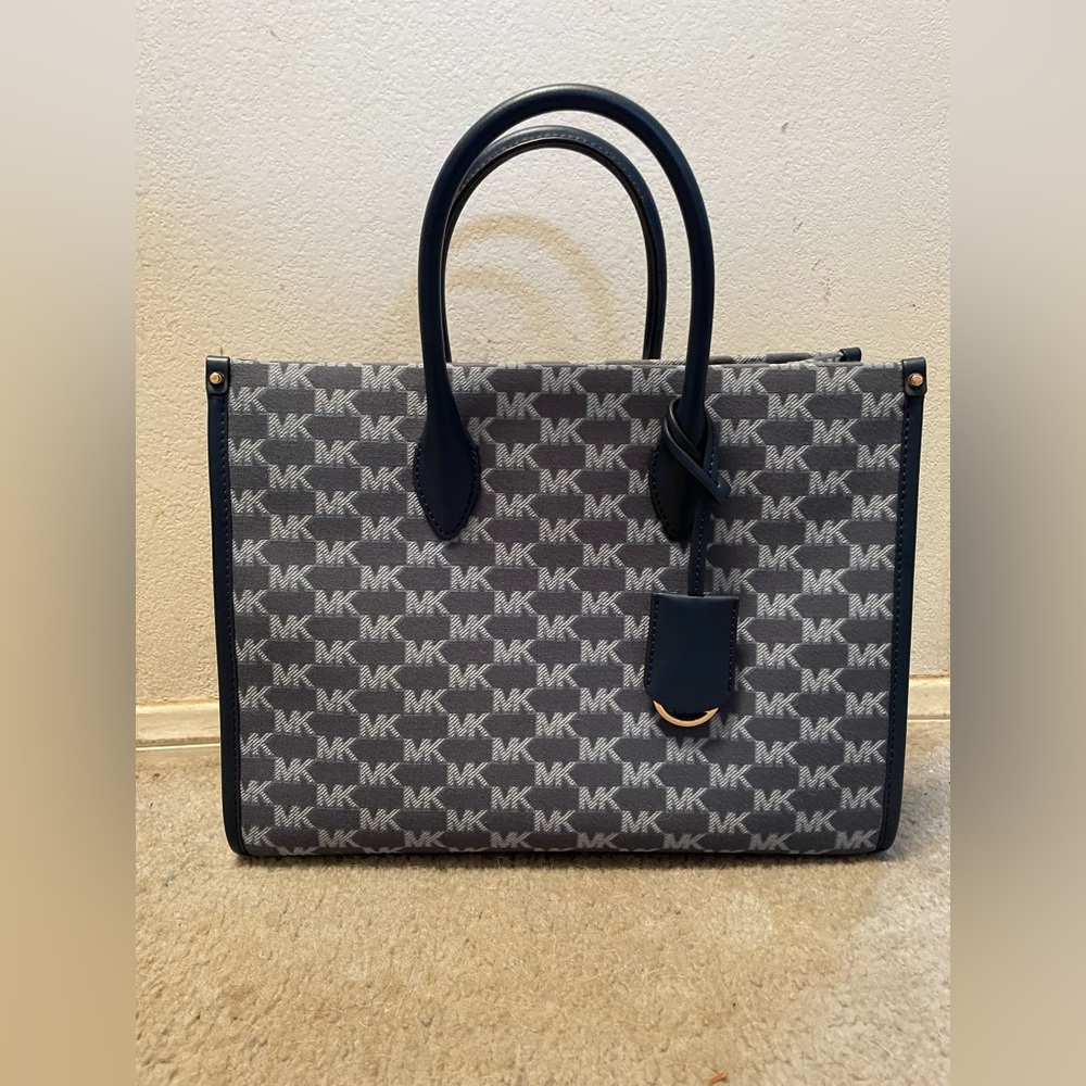 Michael Kors Mirella Monogram Gray and Navy Tote Bag